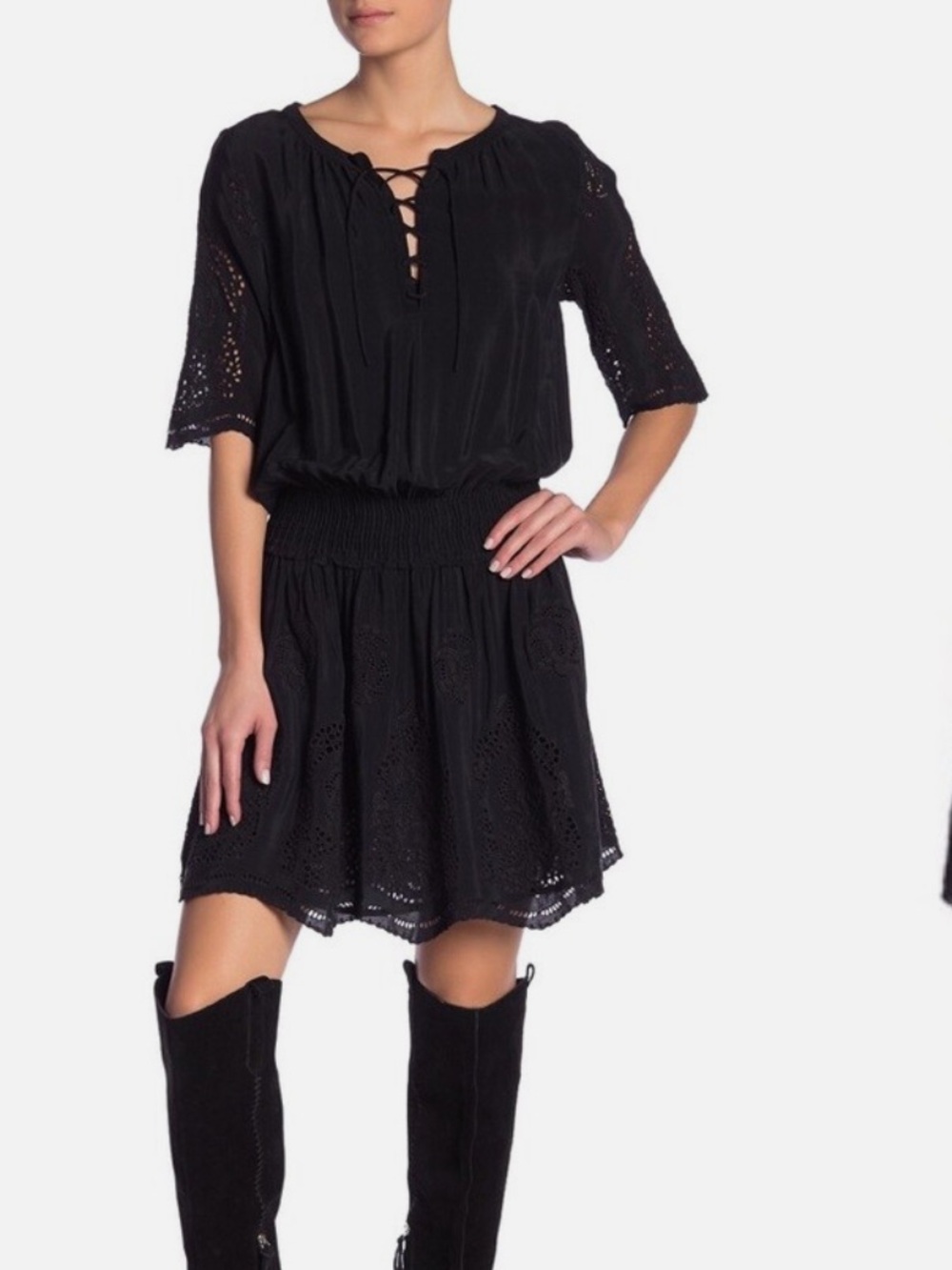 Scotch & Soda Black Lace-Trim Smocked Mini Dress